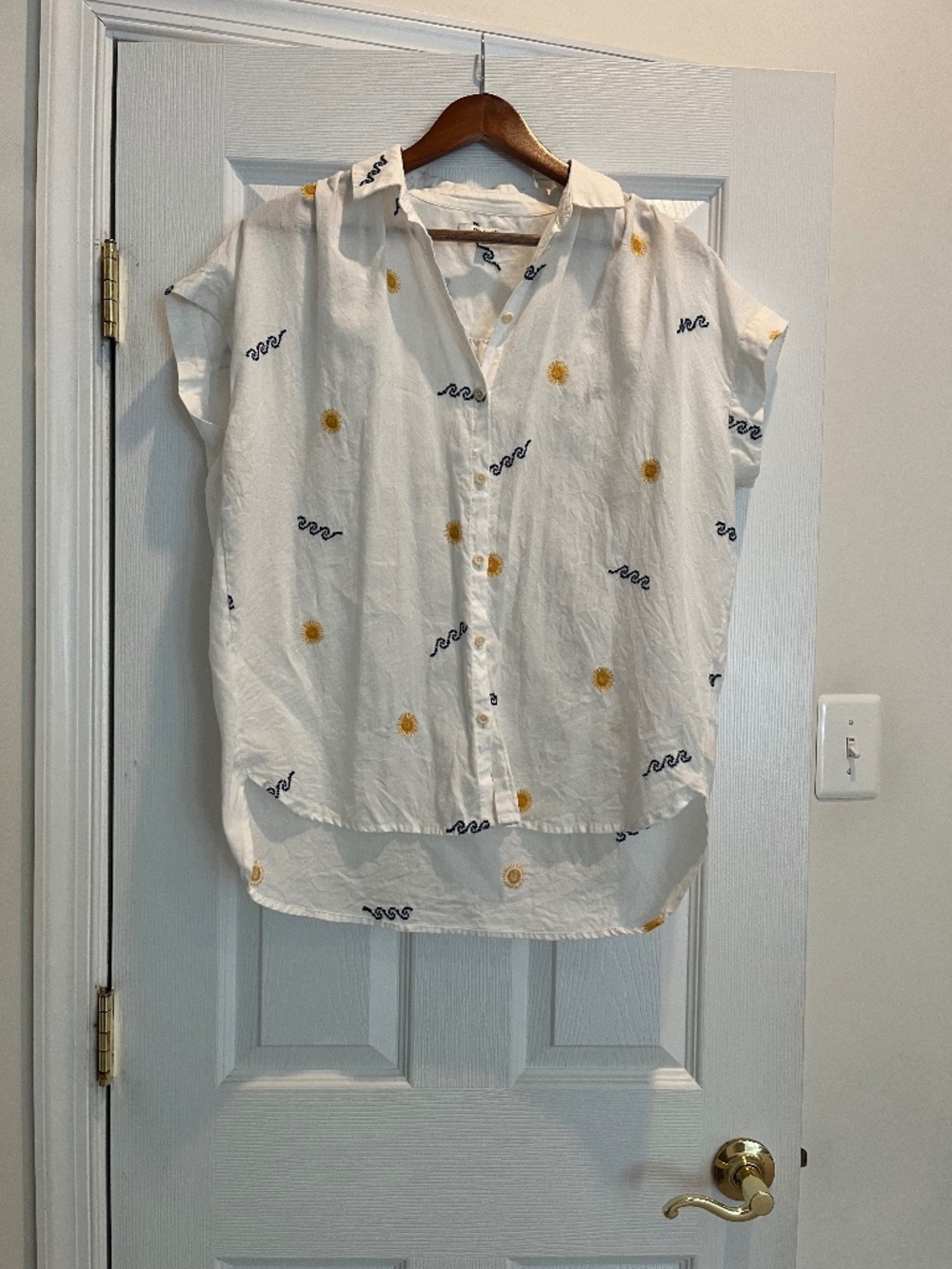 Madewell White, Blue, & Yellow Embroidered Cotton Button-down Top